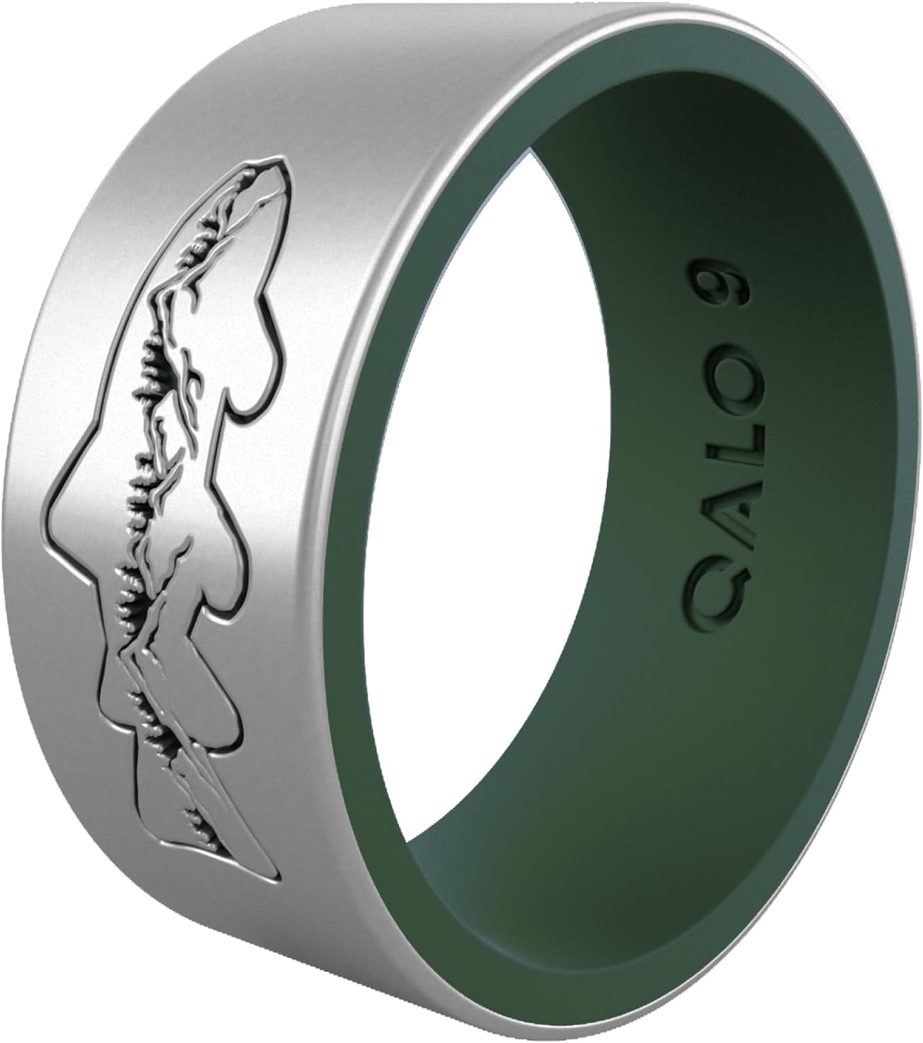 QALO Men's Rubber Silicone Ring, Wild Catch Strata, Silicone Rubber Wedding Band, Breathable, Durable Rubber Wedding Ring for Men, 9mm Wide 1.85mm Thick, Silver and Pine Green, Size 13