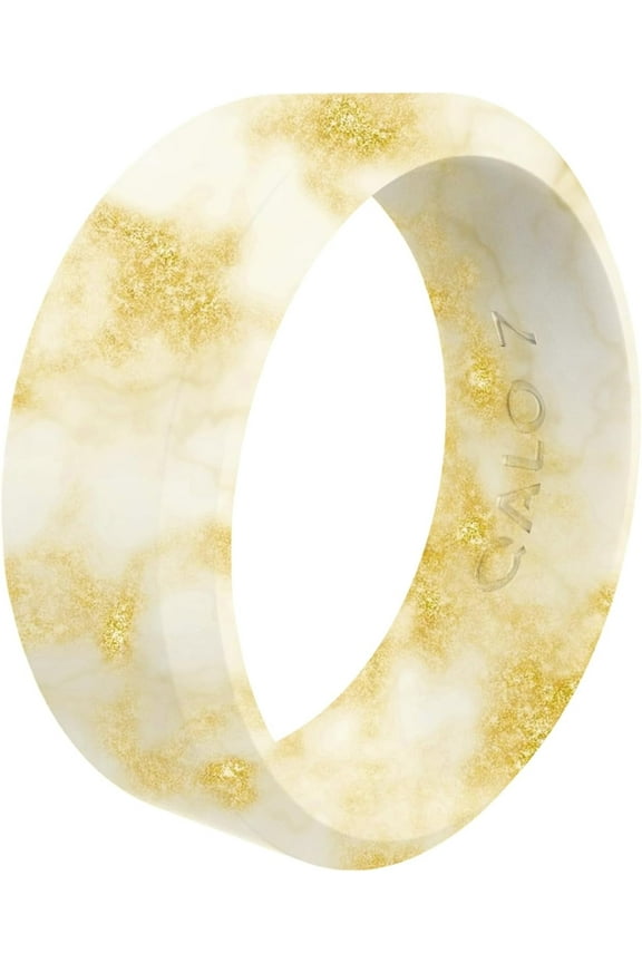 Women's Rubber Silicone Ring, Modern Silicone Rubber Wedding Band, Breathable, Durable Engagement Silicone Ring, 6.5mm Wide 1.8mm Thick, Cream Gold & Metallic Marble, Size 10