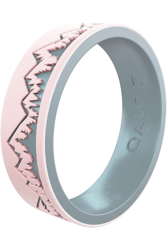 Women's Rubber Silicone Ring, Ridgeline Strata, Silicone Rubber Wedding Band, Breathable, Durable Wedding Ring for Women, 6mm Wide 1.85mm Thick, Blush & Iridescent Blue, Size 7