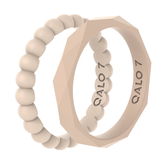 QALO Women's Stackable Rubber Silicone Ring - Ivory Bead & Geo 2 Stack Ring Size 06