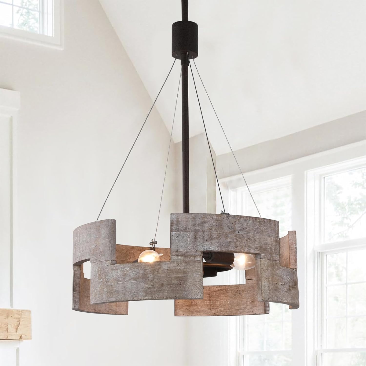 QAM Modern Farmhouse Drum Chandelier, 5Light Antique Wood Dining Room