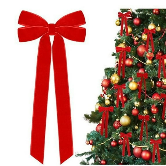QAQuu 1Pc Velvet Bows for Christmas Tree, Vintage Rustic Bow Ornaments for Tree Garland Wreath Gift Wrapping Crafts Candy Bags Party Indoor Outdoor Christmas Decorations, 5.1" x 8.7", Red