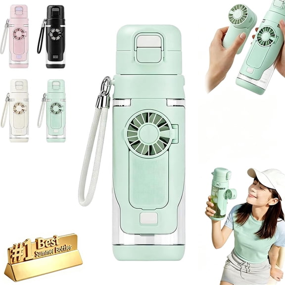 QAQuu 2-in-1 Water Bottle with Built-in Foldable Fan, Portable Water Bottles with Straw and Spout Lid, Leakproof Water Bottle for Travel, Sports, Gym and Office, Summer Essentials, 23oz, Green