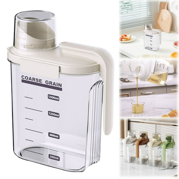 QAQuu Cereal Containers Storage, 1.5L Airtight Dry Food Storage Containers with Pouring Spout and Measuring Cup Lid, Clear Plastic Cereal Containers for Flour, Rice and Grain, 50 Oz, Beige