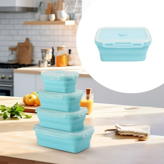 QAQuu Collapsible Silicone Food Storage Containers, Stackable Lunch Containers with Airtight Plastic Lids, BPA-Free, Microwave, Dishwasher and Freezer Safe, 350ml, 5.3" x 4" x 2.6", Blue