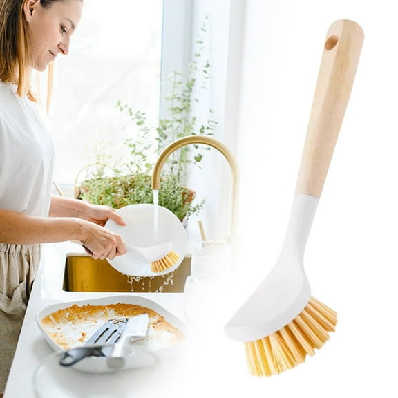 QAQuu Dish Brush with Bamboo Handle, Dish Scrubber with Tough Bristles, Kitchen Scrub Brush for Cleaning Sink, Stove, Grill, Pots and Pans, Cleaning Brush, 9.8 Inch, Khaki