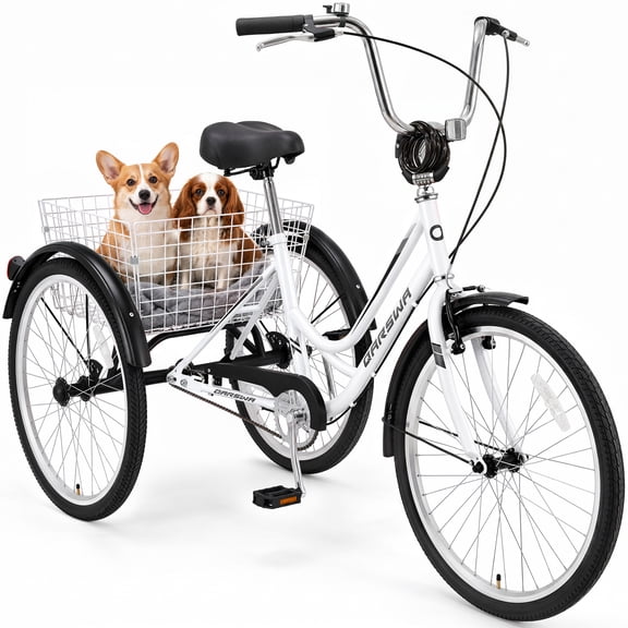 QARSWA 24" Adult Tricycle with Rear Basket, 3-Wheel Cruiser Bike for Seniors, White