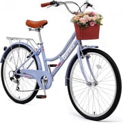 QARSWA 24 inch City Bike for Women, Shimano 7-Speed Cruiser Bicycle with Basket, Rear Rack, Fenders, Comfort Saddle, Blue