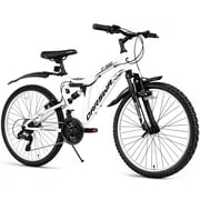 QARSWA 24 Mountain Bike, 21 Speed Full Suspension Bicycle for Teens and Adults, White