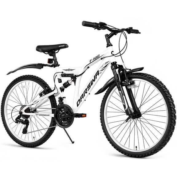QARSWA 24" Mountain Bike, 21 Speed Full Suspension Bicycle for Teens and Adults, White
