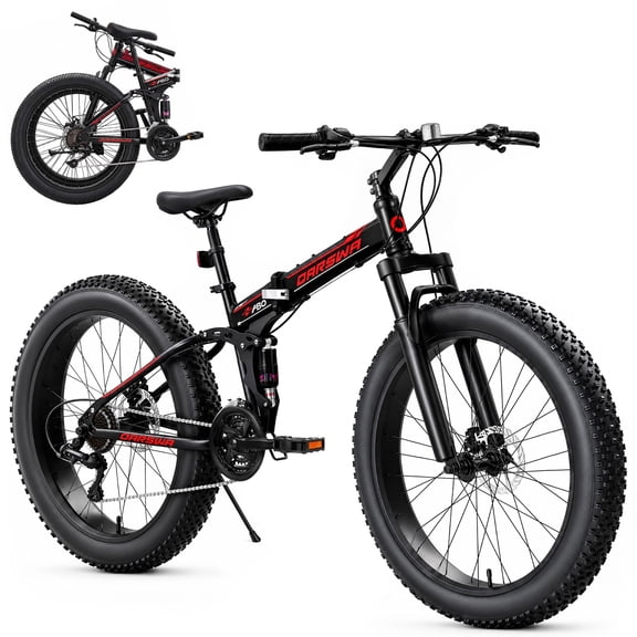 QARSWA 26" Folding Fat Tire Mountain Bike, Adult Bicycle, 21-Speed, Dual Disc Brakes, Front Suspension, Black