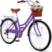 QARSWA 26 inch City Bike for Women, Shimano 7-Speed Cruiser Bicycle with Basket, Rear Rack, Fenders, Comfort Saddle, Purple