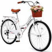 QARSWA 26 inch City Bike for Women, Shimano 7-Speed Cruiser Bicycle with Basket, Rear Rack, Fenders, Comfort Saddle, White
