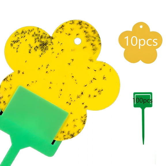 QARUN 100 Pcs Yellow Flower Shaped Sticky Insect Traps Gnat Sticky Traps Double Sided Bug Killer Fruit Fly Fungus Gnat Catcher with Green Stakes for Indoor Outdoor Plants Kid Pet Safe