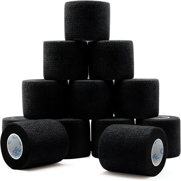 QARUN 12 Rolls Self Adhesive Bandage Wrap,Elastic Athletic Tape,Self Stick Bandage Tape,Vet Wrap,Medical Wrap for Wrist,Feet,2" X 5 Yards-Black