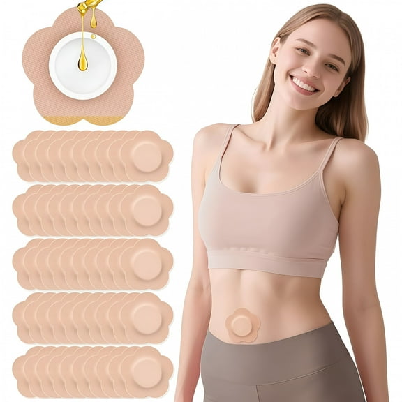 QARUN 50PCS Castor Oil Patches, Castor Oil Pack Wraps Disposable Organic Cotton Self-Adhesive Pads for Belly Button, Anti Leakage Design, Breathable & Portable, No Wash (Beige)
