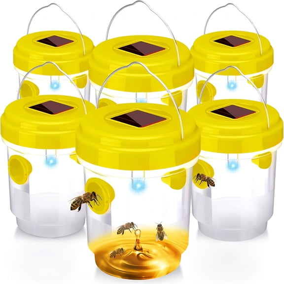 QARUN 6 Packs Wasp Trap Solar Powered Bee Trap Reusable Fly Traps Outdoor Hanging Wasp Killer with Uv Led Light Flying Insects Bee Killer for Indoor Outside Patio Garden Home (Yellow)
