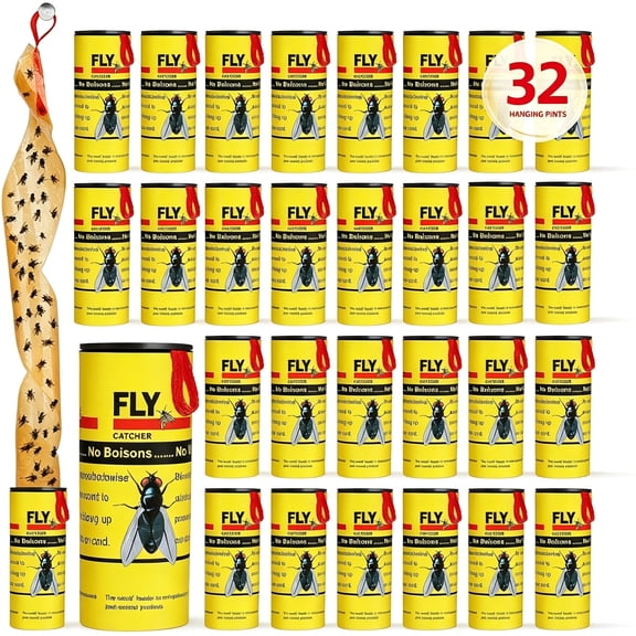 QARUN Fly Strips Indoor Sticky Hanging 32pk. Outdoor Fly Trap Indoor for Home. Flies Tape Paper Trap Ribbon Roll for House Gnat Fruit and Housefly. Bug Catchers for Inside Home Flypaper