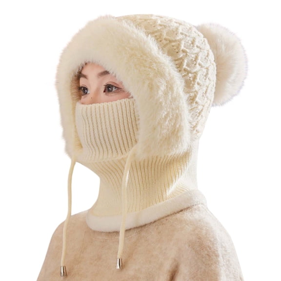 QASIEATN Beanie for Graceful Ladies Fashion Women's Winter Plush Hat Scarf Integrated Warm and Cold with Thick Velvet Knit Pullover and Woolen Hat Winter Accessories White