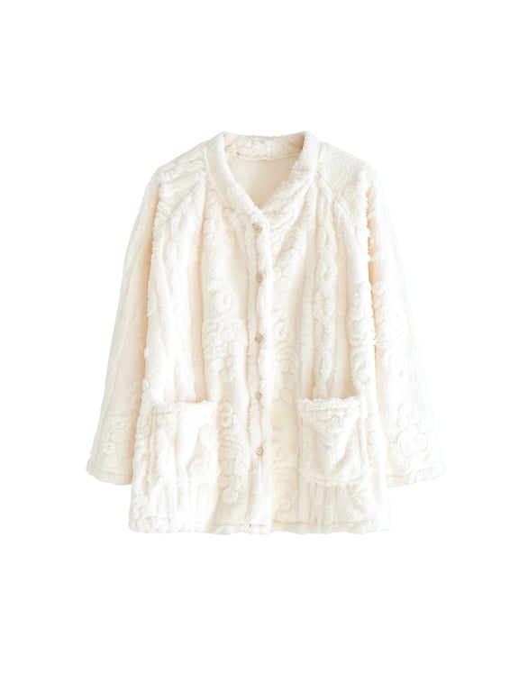 Bed Jackets for Women Fuzzy Button Up Loungewear Pajama Tops Soft Warm Winter Nightwear with Pockets Womens Sleepwear