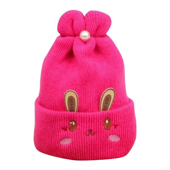 QASIEATN Bomber Hats for Girls and Boys 0-6 Months Knitted Hat Ears Embroidery Pleated Pearl Decor Stretchy Autumn Winter Baby Girls Boys Beanie Cap for Trip