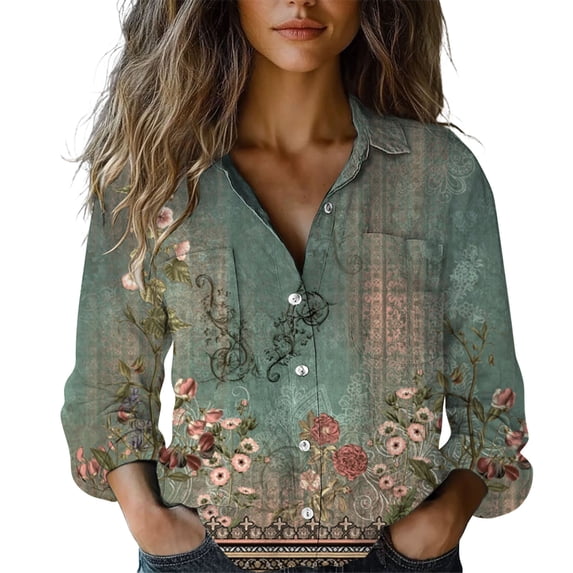 QASIEATN Button Down Blouses for Women Spring Casual Print Long Sleeve Shirts Casual Business Work Tops