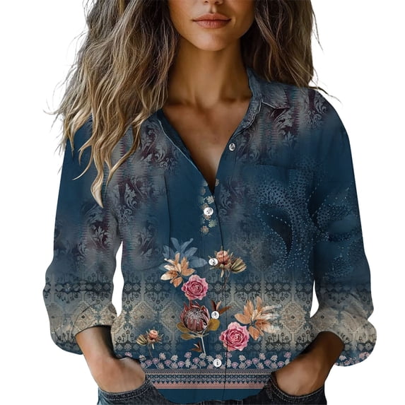QASIEATN Button Down Blouses for Women Spring Casual Print Long Sleeve Shirts Casual Business Work Tops