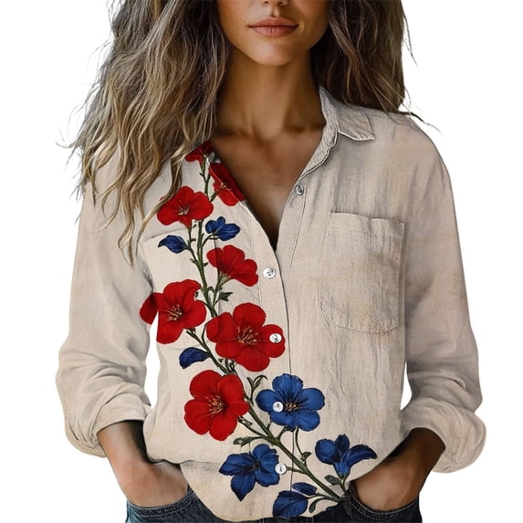 QASIEATN Button Down Blouses for Women Spring Casual Print Long Sleeve Shirts Casual Business Work Tops