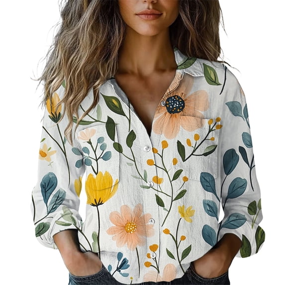 QASIEATN Button Down Shirts for Women Printed Long Sleeve Blouse Work Tops Summer Blouse Fashion Clothing