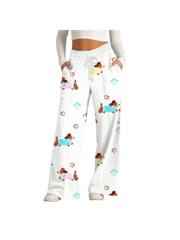 Cute Cartoon Print Sports Jogger Pants for Women Wide Leg Pocket Sweatpants with Drawstring