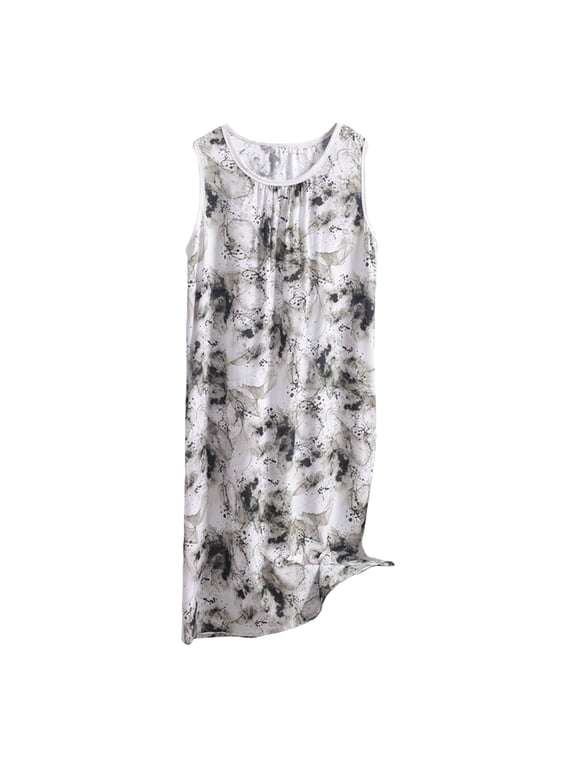 Dress for Women Casual O Neck Pattern Print Sleeveless Fly Floral Print Dress with Pocket Casual Long Dress Nightgowns for Women