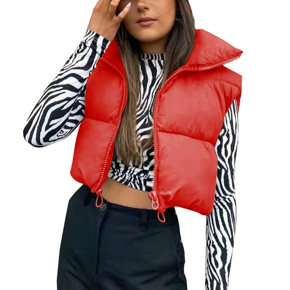 QASIEATN Fall Coats for Graceful Ladies Fashion, European and American Autumn Winter Vest Jaceket Soft Cotton Jacket Stand Up Collar Warm Zipper Crop Jacket, Womens Winter Tops