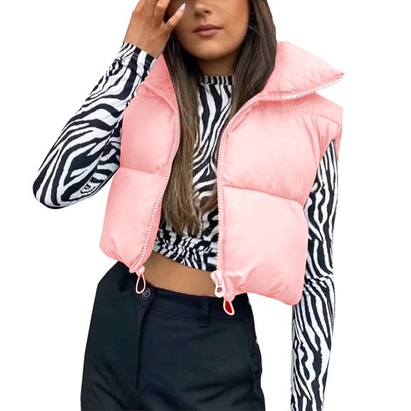 QASIEATN Fall Coats for Graceful Ladies Fashion, European and American Autumn Winter Vest Jaceket Soft Cotton Jacket Stand Up Collar Warm Zipper Crop Jacket, Womens Winter Tops