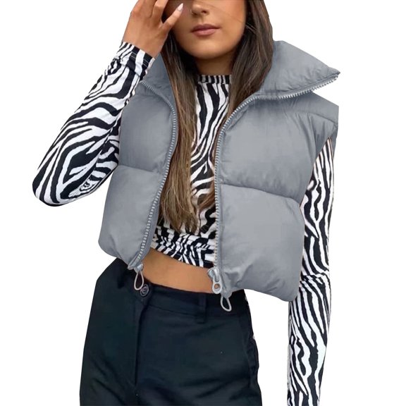 QASIEATN Fall Coats for Graceful Ladies Fashion, European and American Autumn Winter Vest Jaceket Soft Cotton Jacket Stand Up Collar Warm Zipper Crop Jacket, Womens Winter Tops
