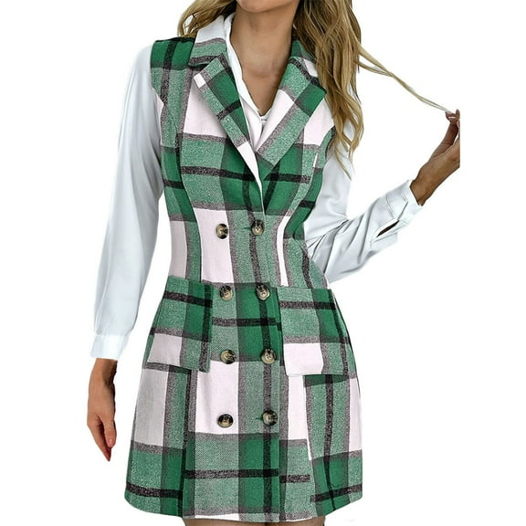 QASIEATN Fall Coats for Graceful Ladies Fashion, Plaid Vest Dress Lapel Double Breasted Suit Dresses Fall Sleeveless Cardigan Jacket Dress, Womens Winter Tops