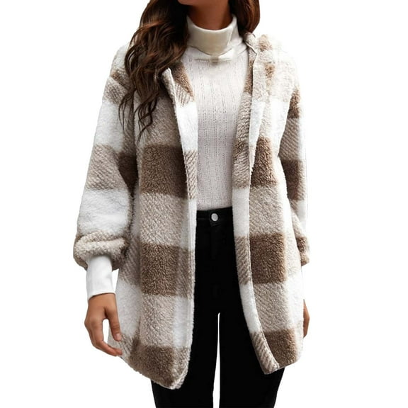 QASIEATN Fall Coats for Graceful Ladies Fashion, Winter Coats Warm Plush Hooded Jackets Up Button Cardigan Trendy Plaid Fuzzy Outerwear, Womens Winter Tops