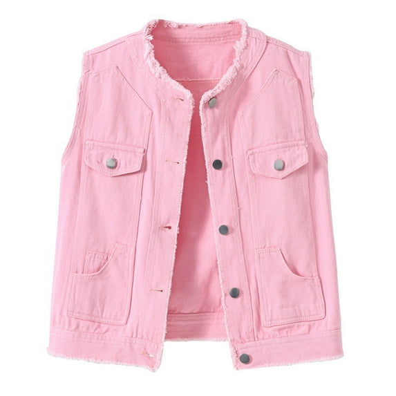 QASIEATN Fall Coats for Graceful Ladies Fashion, Casual Button Down Denim Vest Sleeveless Distressed Ripped Jacket with Pockets, Womens Winter Tops
