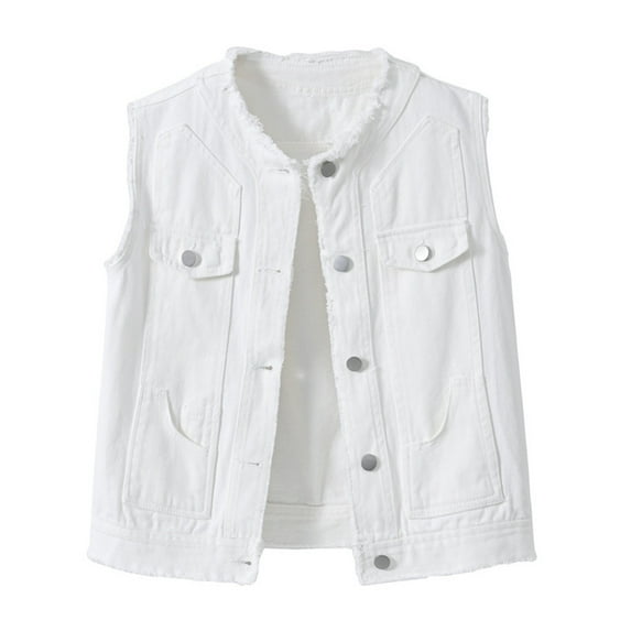 QASIEATN Fall Coats for Graceful Ladies Fashion, Casual Button Down Denim Vest Sleeveless Distressed Ripped Jacket with Pockets, Womens Winter Tops