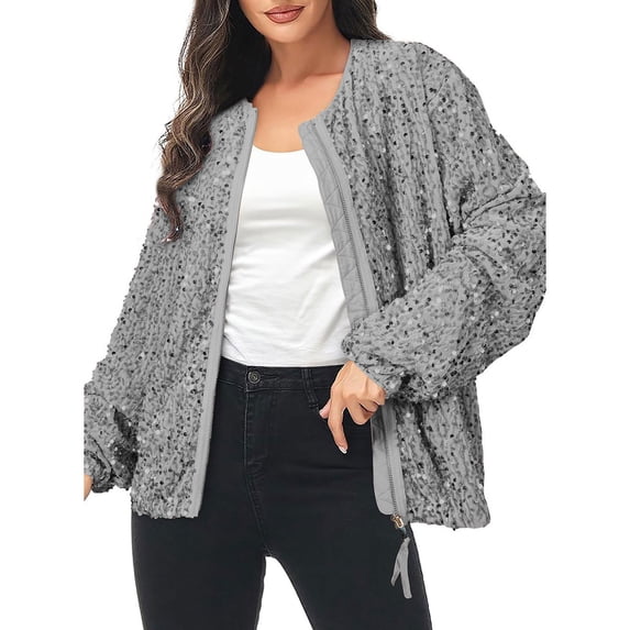 QASIEATN Fall Coats for Graceful Ladies Fashion, Sequin Jacket Sparkly Long Sleeve Open Front Zipper Coat, Womens Winter Tops