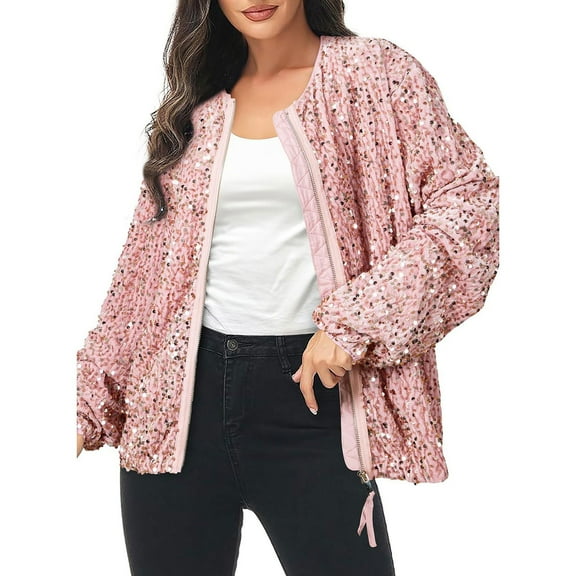 QASIEATN Fall Coats for Graceful Ladies Fashion, Sequin Jacket Sparkly Long Sleeve Open Front Zipper Coat, Womens Winter Tops