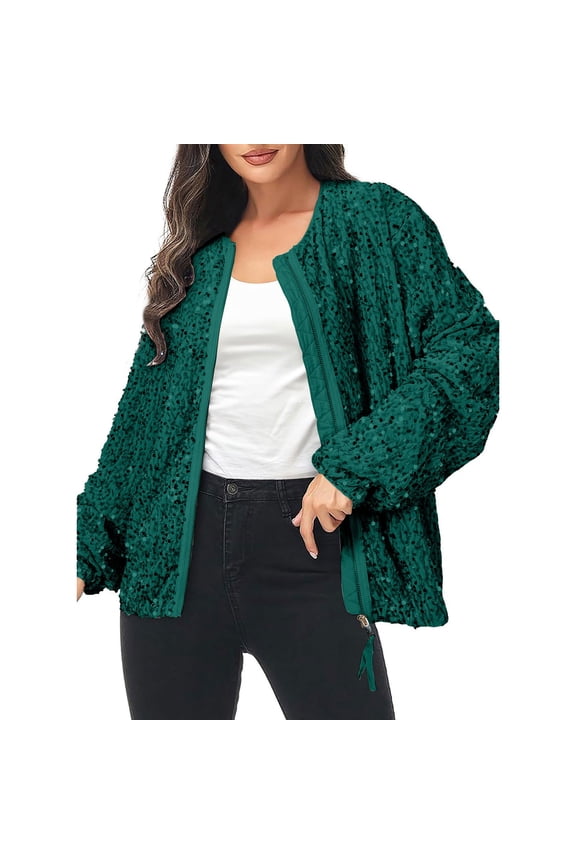 Fall Coats for Graceful Ladies Fashion, Sequin Jacket Sparkly Long Sleeve Open Front Zipper Coat, Womens Winter Tops