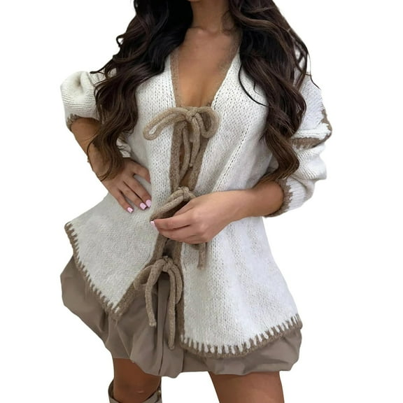 QASIEATN Fall Coats for Graceful Women Fashion, Front Bow Cardigan Solid Color V Neck Chunky Knit Long Puff Sleeve Loose Knitwear, Womens Winter Tops