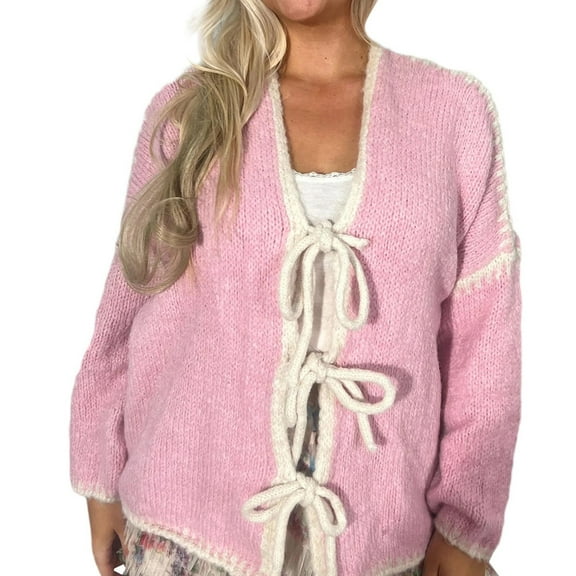 QASIEATN Fall Coats for Graceful Women Fashion, Front Bow Cardigan Solid Color V Neck Chunky Knit Long Puff Sleeve Loose Knitwear, Womens Winter Tops