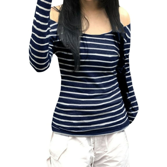 QASIEATN Fall Fashion Women Hoodless Pullover Women's Long Sleeve Striped T Shirt Slim Fit Crew Neck Crop Top Fall Clothing Pullover