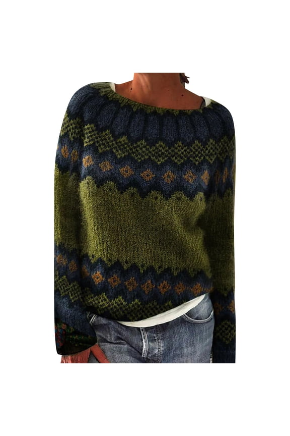 Fall Fashion Women Sweaters Women's Knitted Isle Print Retro Sweater Casual Loose Crewneck Long Sleeve Lightweight Cropped Pullover Tops