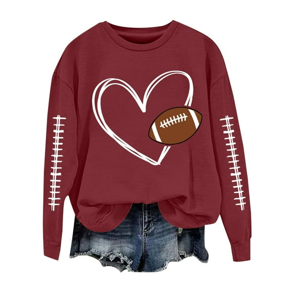 QASIEATN Fall Hoodless Pullover for Ladies Fashion Football Sweatshirts Cute Baseball Graphic Print Crewneck Long Sleeve Shirts Winter Tops