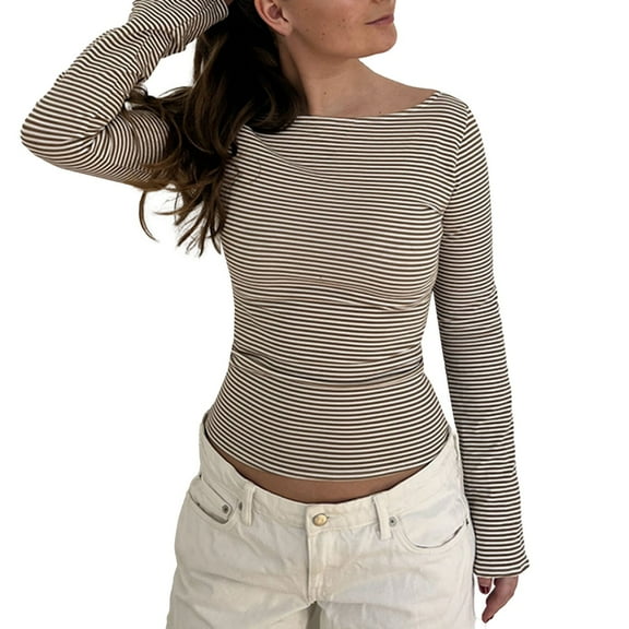 QASIEATN Fall Hoodless Pullover for Ladies Fashion Women's Long Sleeve Striped T Shirt Slim Fit Crew Neck Crop Top Fall Clothing Pullover