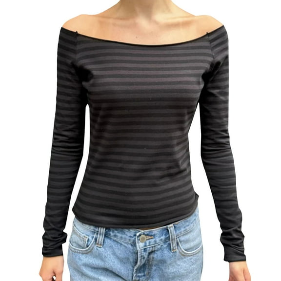 QASIEATN Fall Hoodless Pullover for Women Fashion Women's Long Sleeve Striped T Shirt Slim Fit Crew Neck Crop Top Fall Clothing Pullover