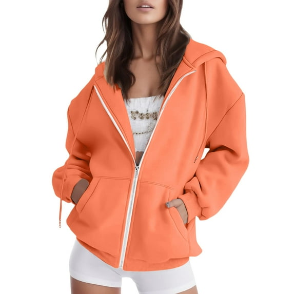 QASIEATN Fall Zip Up Hoodies for Women Fashion Oversized Pocket Sweatshirt Casual Drawstring Clothing Zipper Track Jacket Solid Color Long Sleeve Hooded Tops
