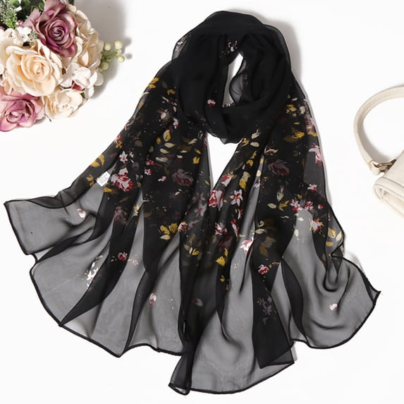 QASIEATN Fashion Women Roses Printing Long Soft Wrap Scarf Simulation Silk Shawl Scarves Daily Wear Casual Accessories Scarf for Women